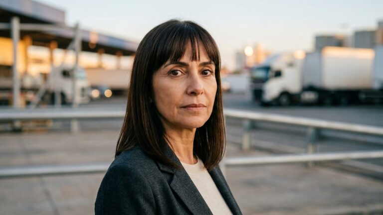 Mulher de cabelo castanho escuro e blazer cinza, em plano médio fechado, no pátio externo, imagem ilustrativa do artigo sobre Hedge cambial no contrato bancario da empresa que comp